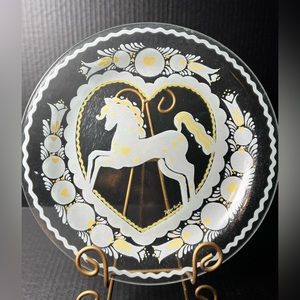 Peter Hunt Art Fused Glass Plate MCM Folk Art Pony Signed USA Size 12”